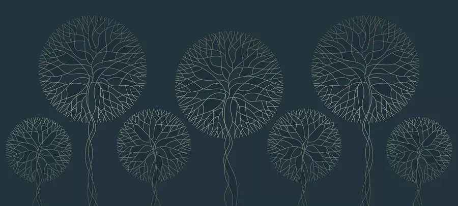 wall murals Fantasy linear trees with lush crowns in elegant dark emerald tones w05213