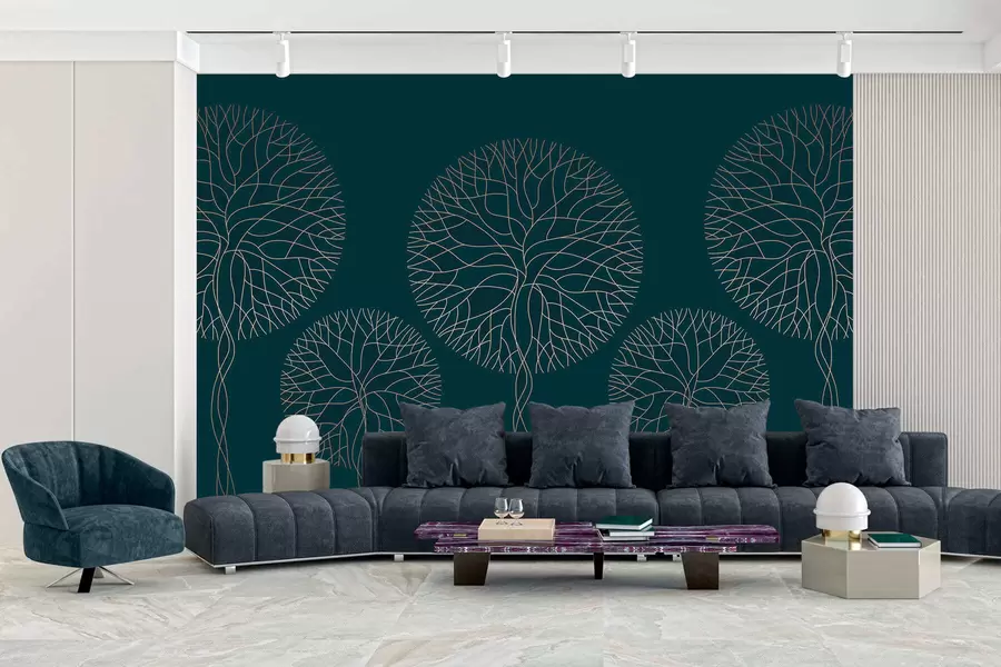 Wall Mural Photo Wallpaper Fantasy linear trees with lush crowns in elegant dark emerald tones w05213