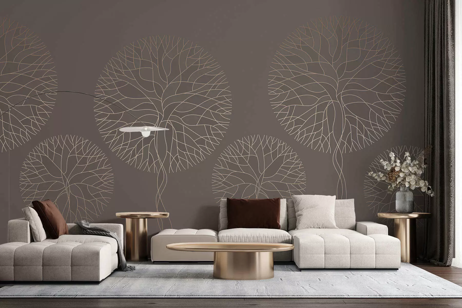 murales Árboles lineales fantásticos con copas frondosas en elegantes tonos moca. w05213v1