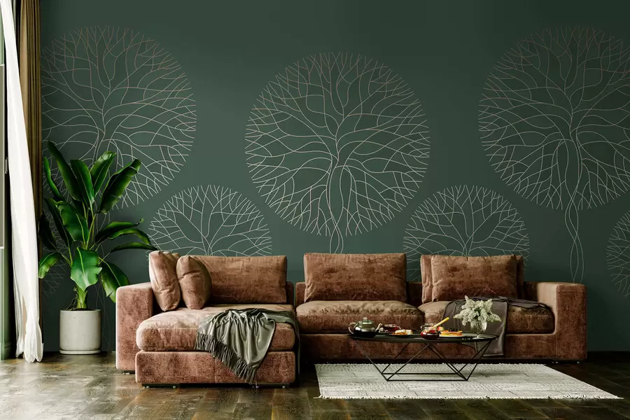 Wall Mural Photo Wallpaper Fantasy linear trees with lush crowns in elegant dark green tones w05213v2