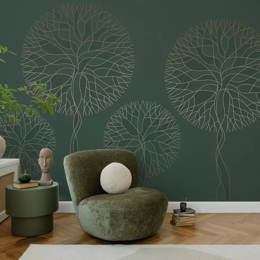 murales Árboles lineales fantásticos con copas frondosas en elegantes tonos verde oscuro. w05213v2