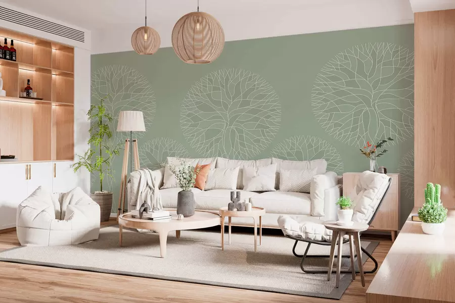 Wall Mural Photo Wallpaper Fantasy linear trees with lush crowns in light green tones w05213v6