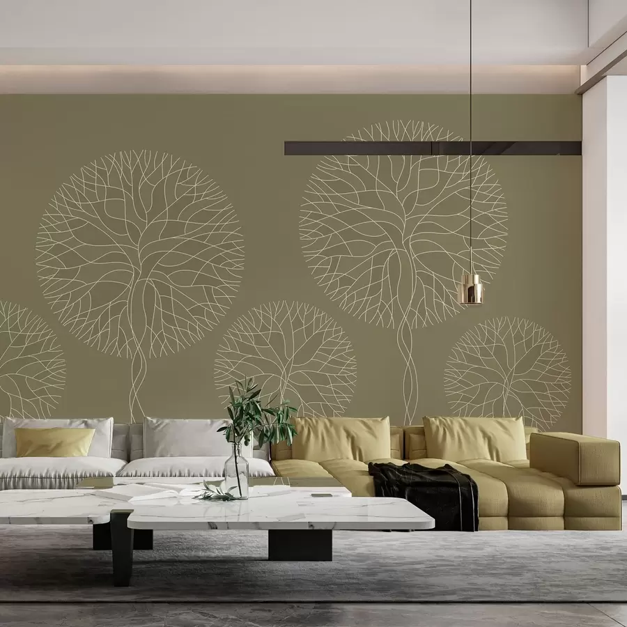 murales Árboles lineales fantásticos con copas frondosas en tonos caqui. w05213v7