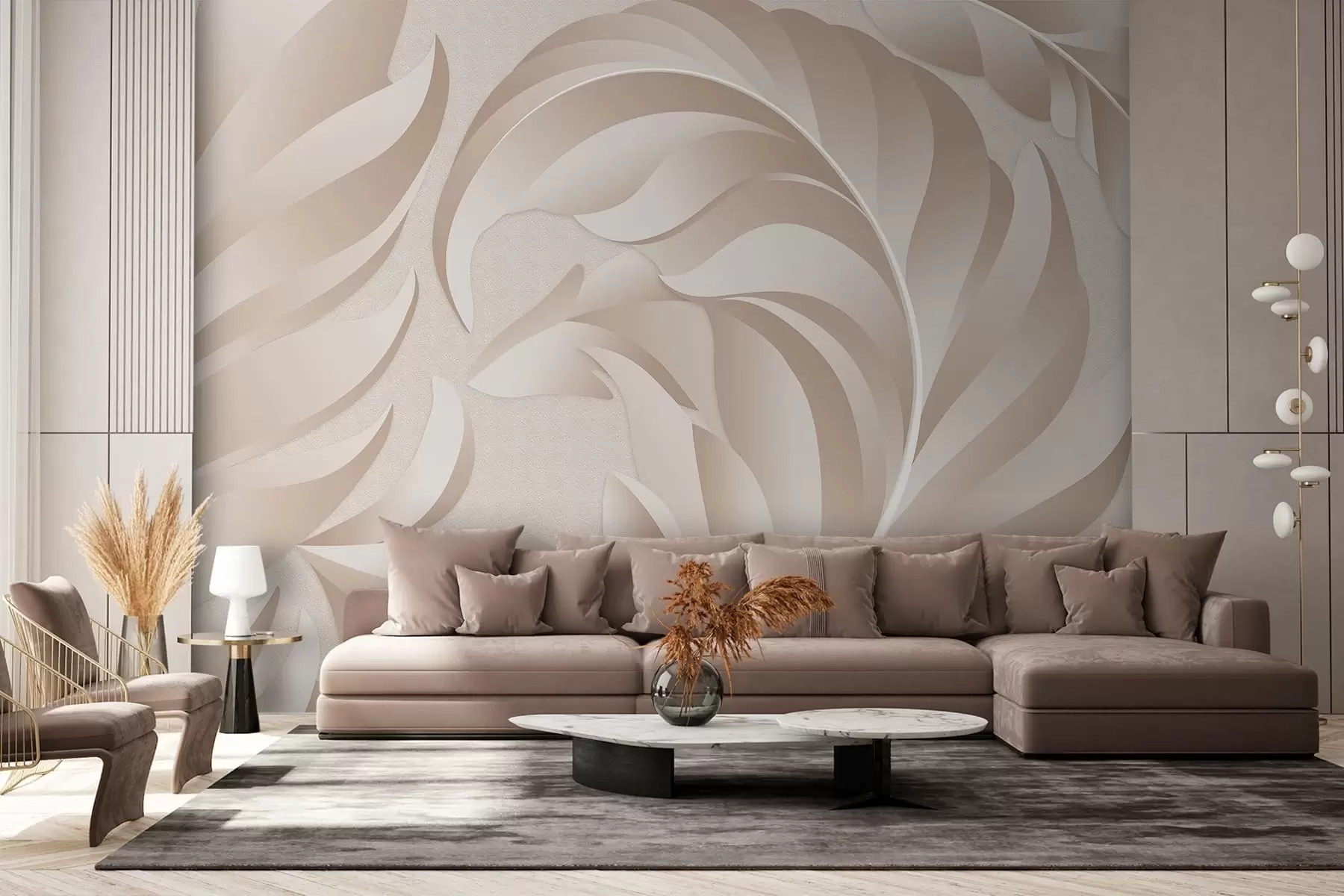 Wall Mural Photo Wallpaper large textured feathers in beige and powder shades w05231