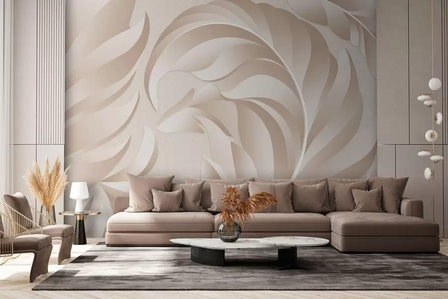 murales Plumas grandes con textura en tonos beige y empolvados. w05231