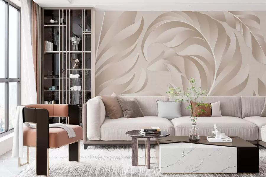 Wall Mural Photo Wallpaper large textured feathers in beige and powder shades w05231