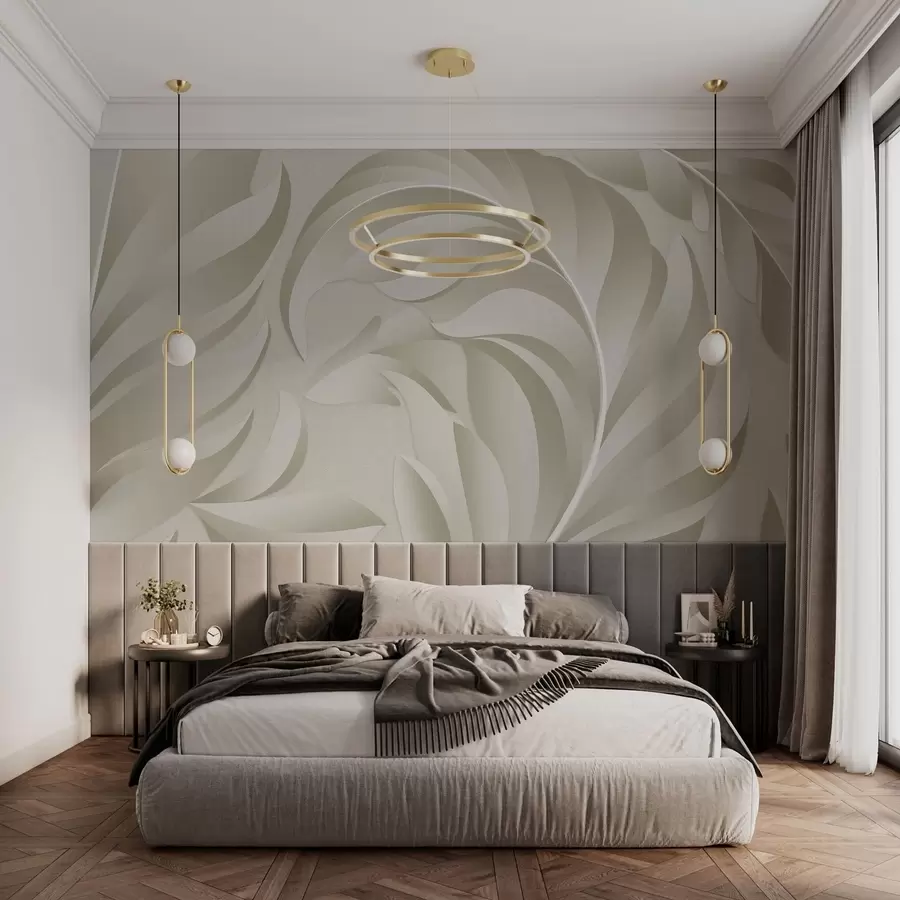 peintures murales grandes plumes texturées dans les tons beige et olive w05231v1