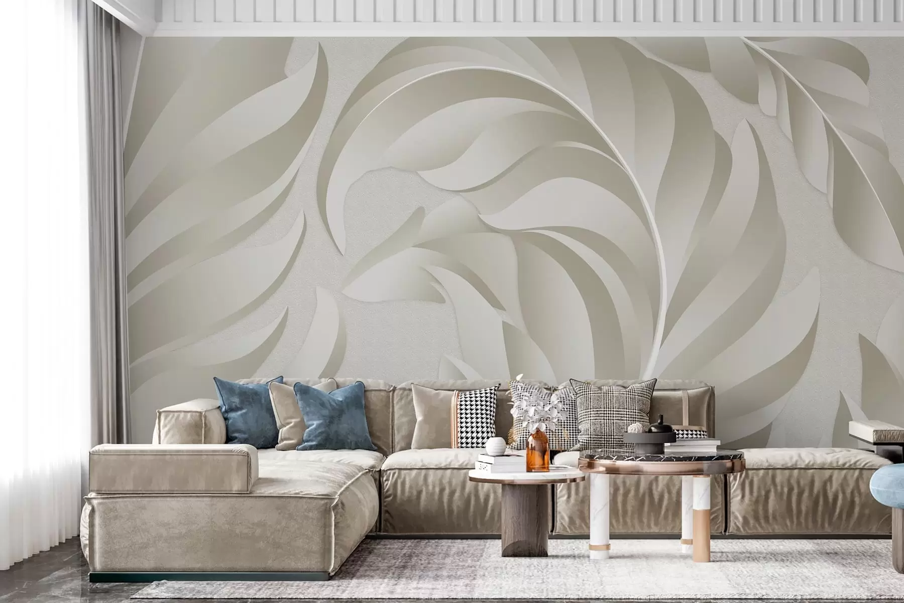 murales Plumas grandes con textura en tonos beige y oliva. w05231v1