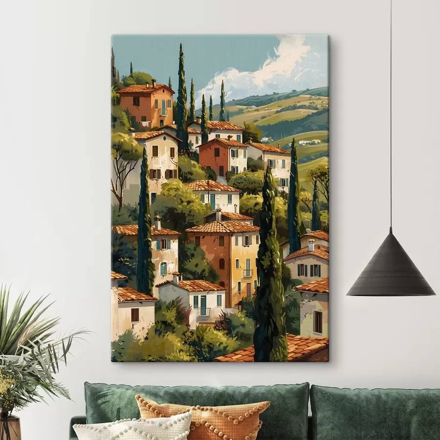 murales Pueblo mediterráneo en una ladera, con casas de tonos cálidos y tejados de terracota. s47950