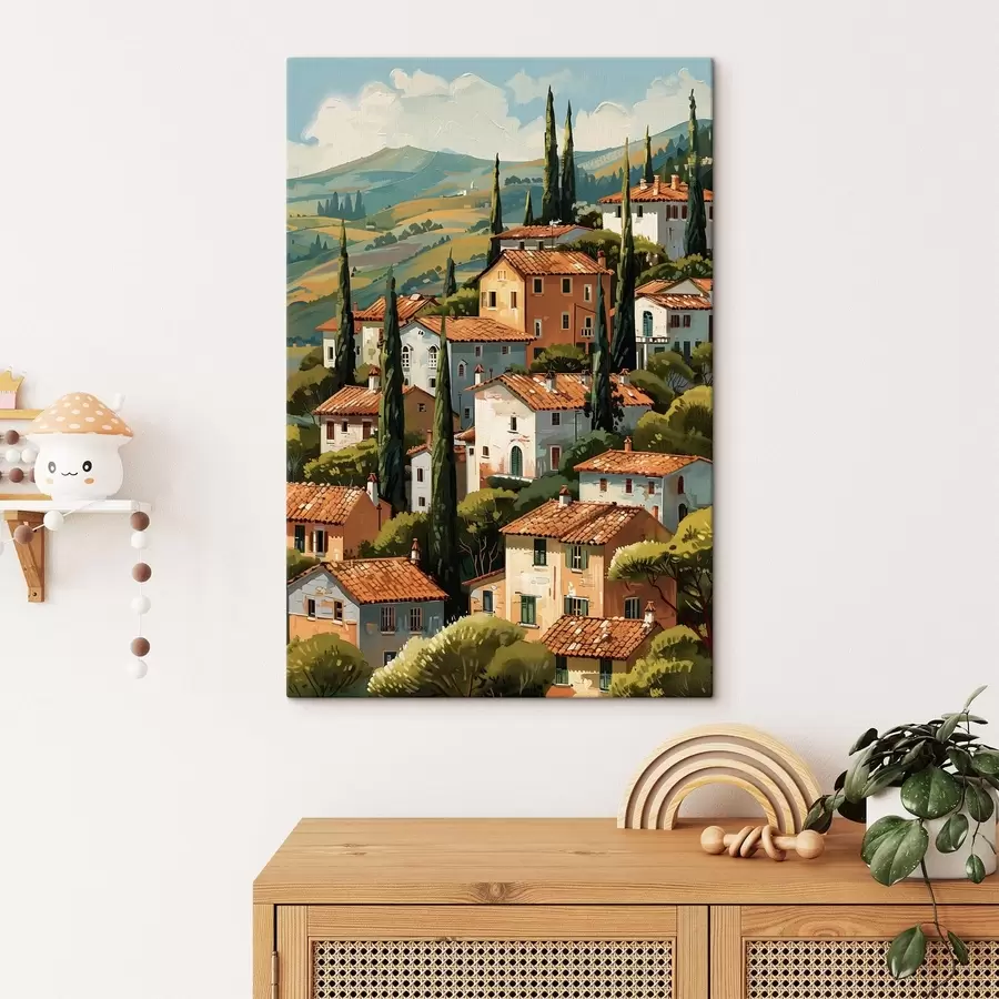 murales Pueblo mediterráneo en una ladera, con casas de tonos cálidos y tejados de terracota. s47951