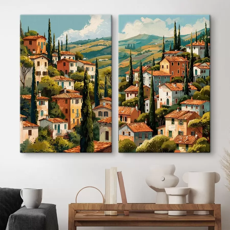 murales Pueblo mediterráneo en una ladera, con casas de tonos cálidos y tejados de terracota. m30097