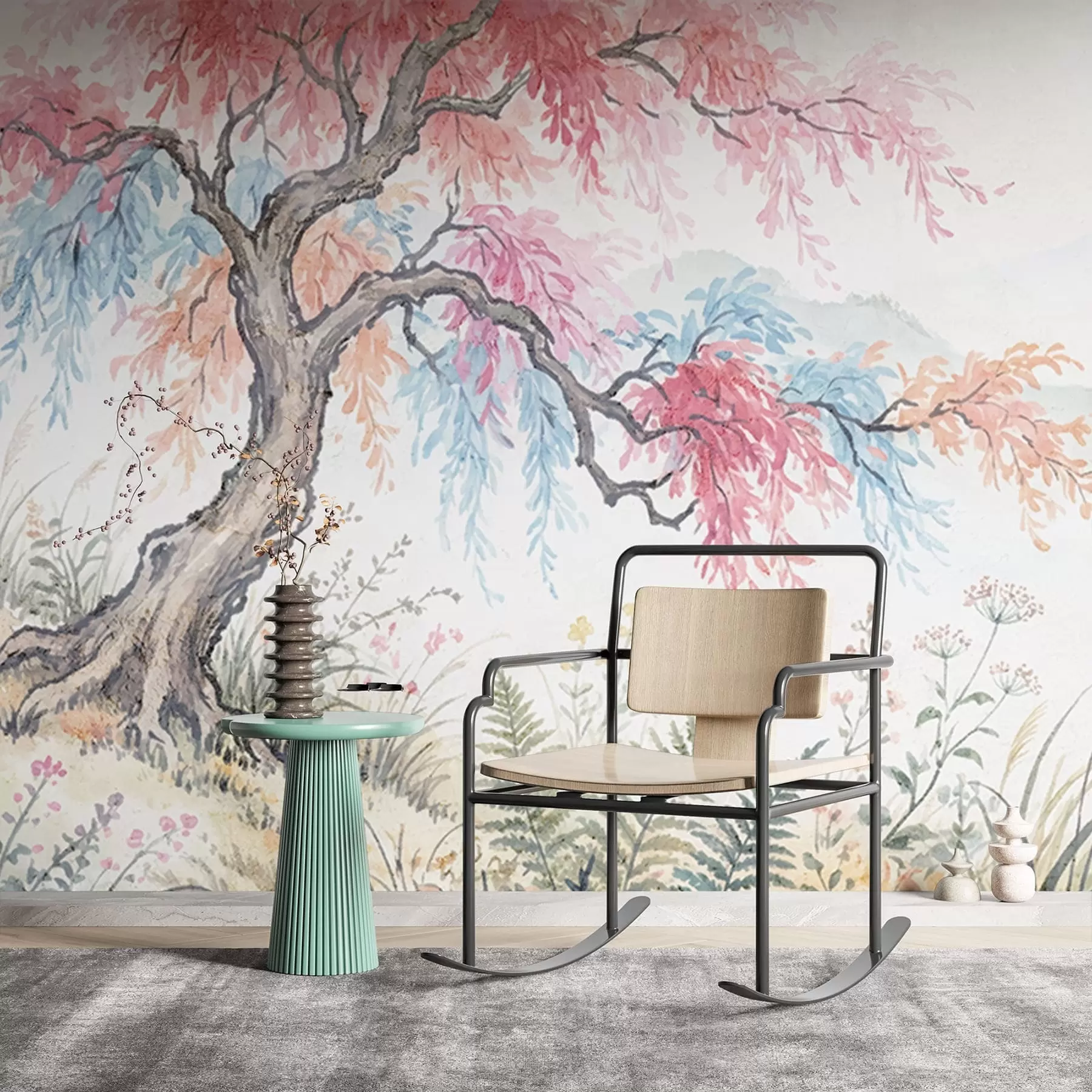 murales Jardín pintado con colores vivos en un muro de hormigón. w05246