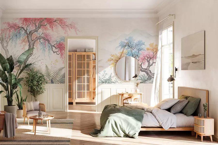 murales Jardín pintado con colores vivos en un muro de hormigón. w05246