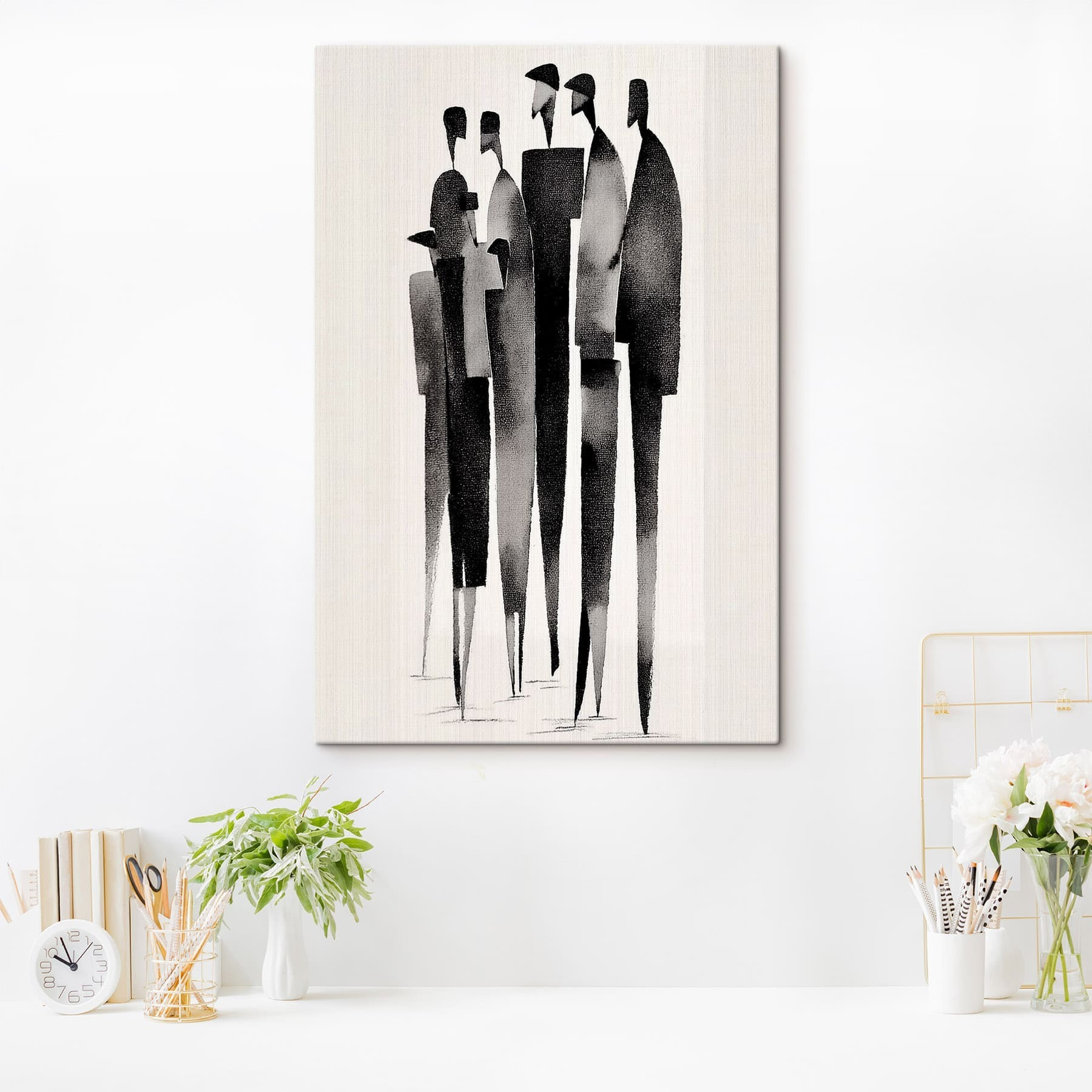 Uniuqe canvas minimalist elongated human figures standing in a row