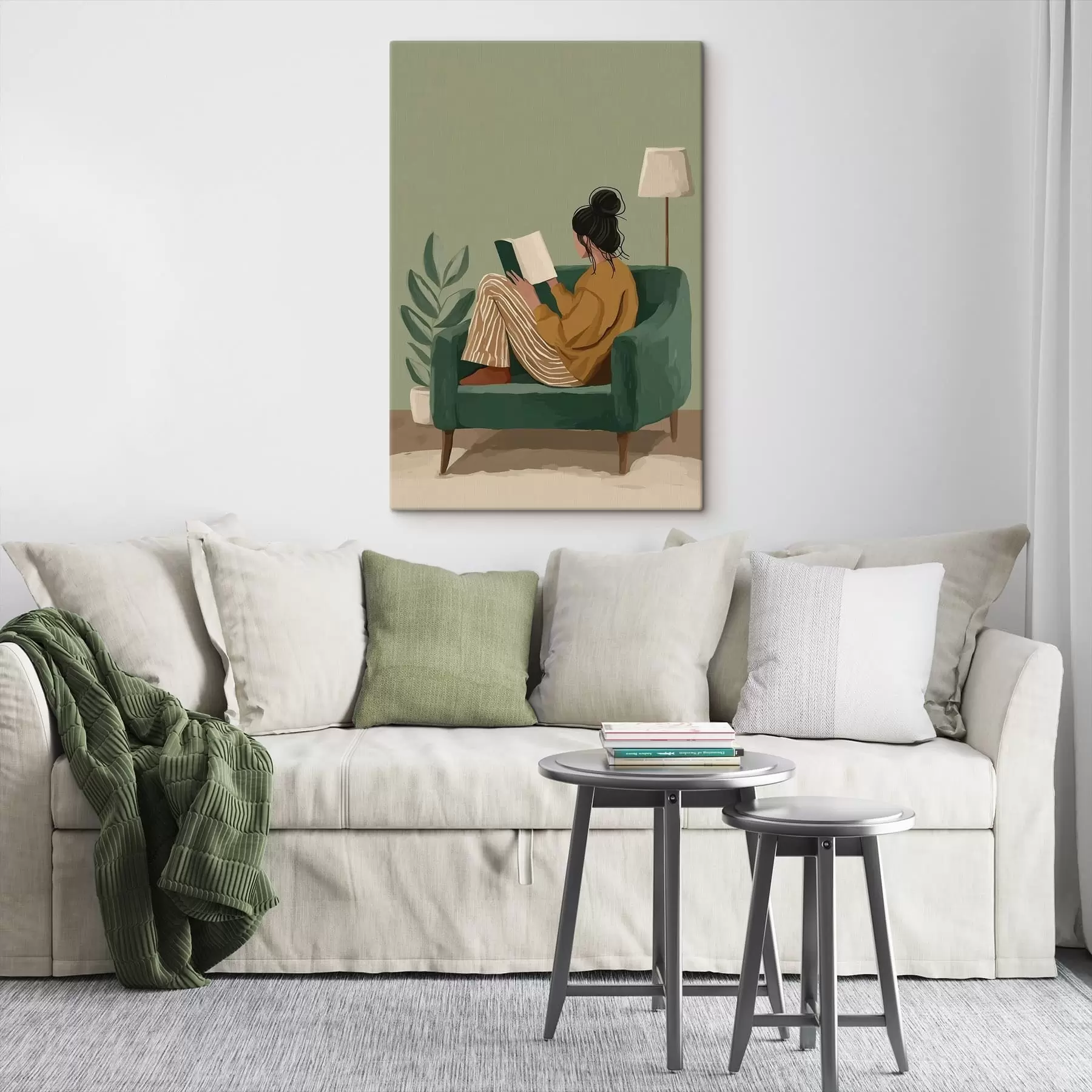 murales Ilustración minimalista y acogedora de una mujer sentada en un sillón leyendo. s48118