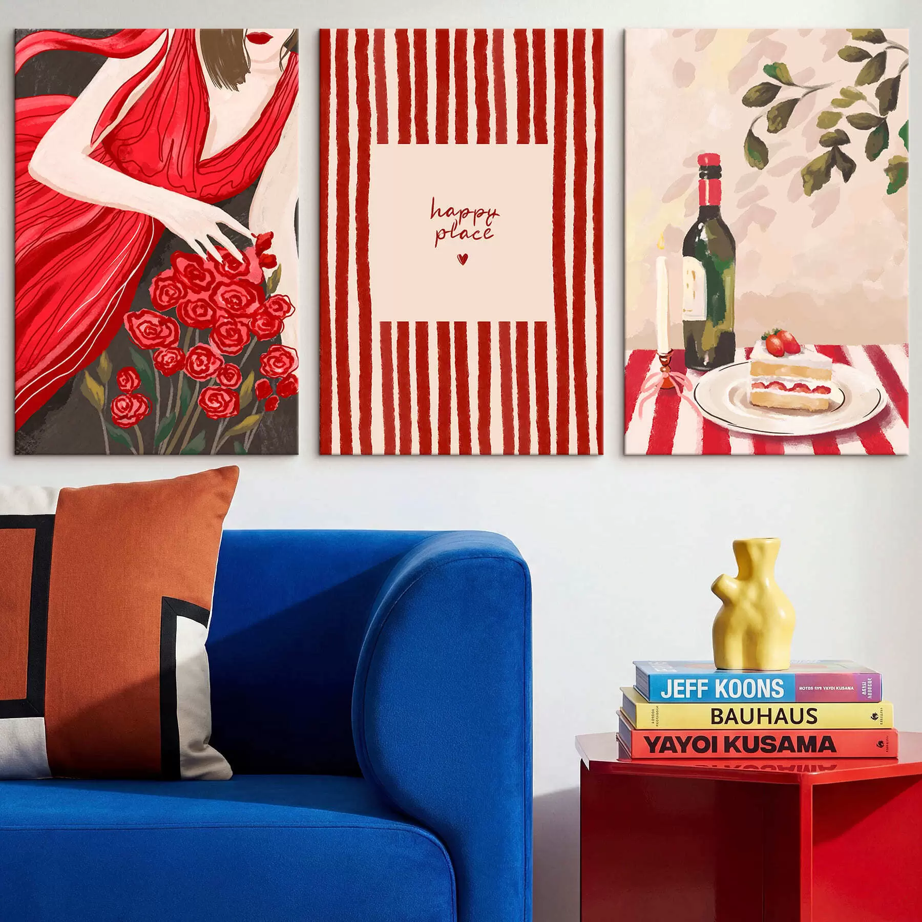 murales Mujer con rosas, póster a rayas y mesa m30099