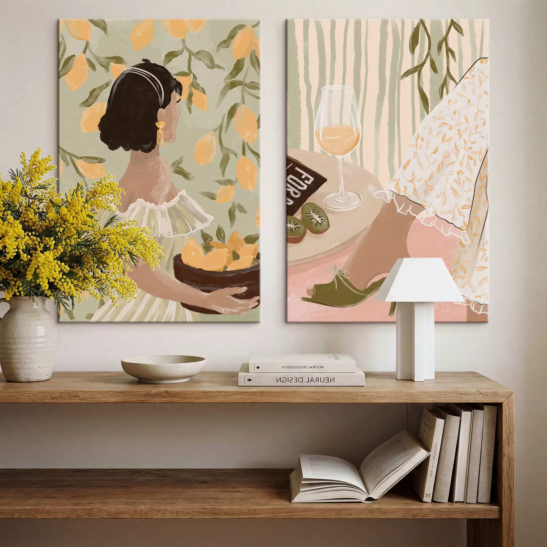 murales Mujer con limones y mesa con vaso m30104