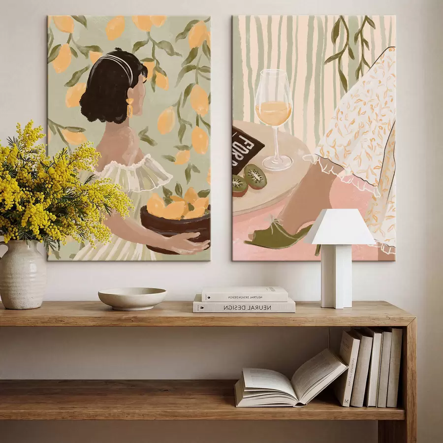 murales Mujer con limones y mesa con vaso m30104