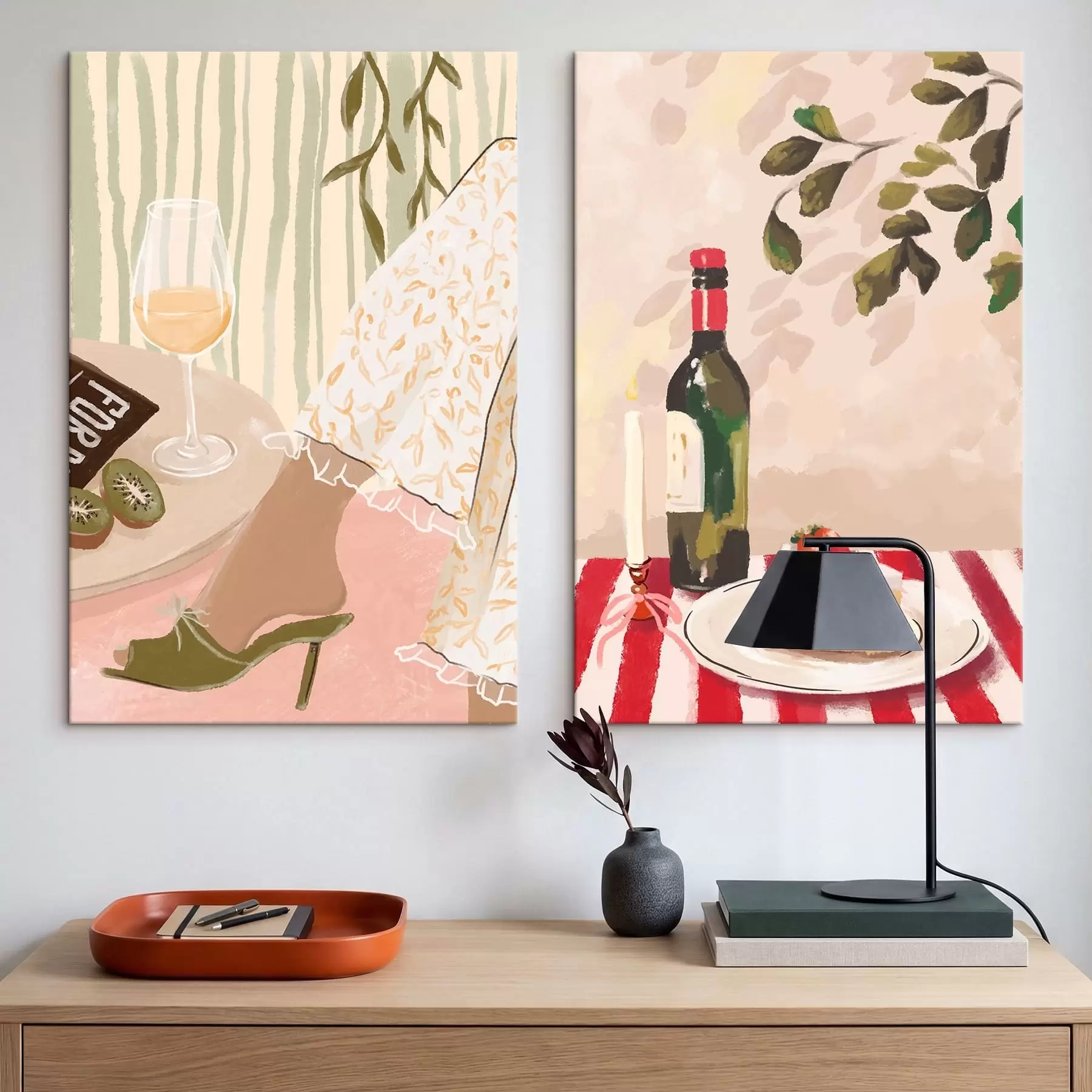 wall murals Wine glass, bottle and cake on table m30105