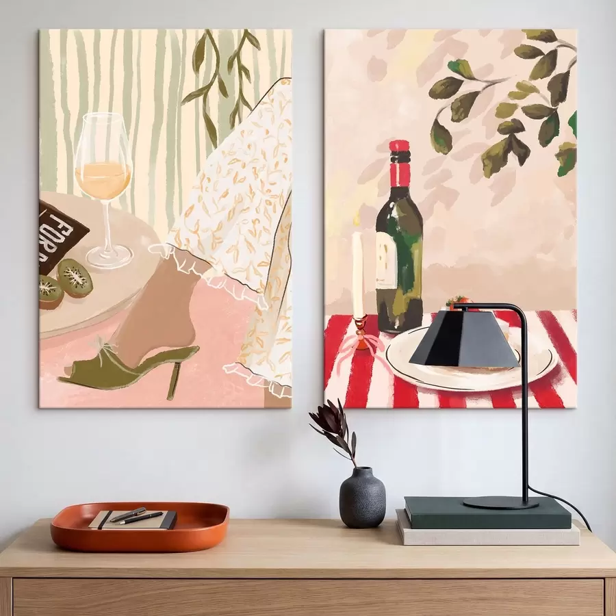 wall murals Wine glass, bottle and cake on table m30105