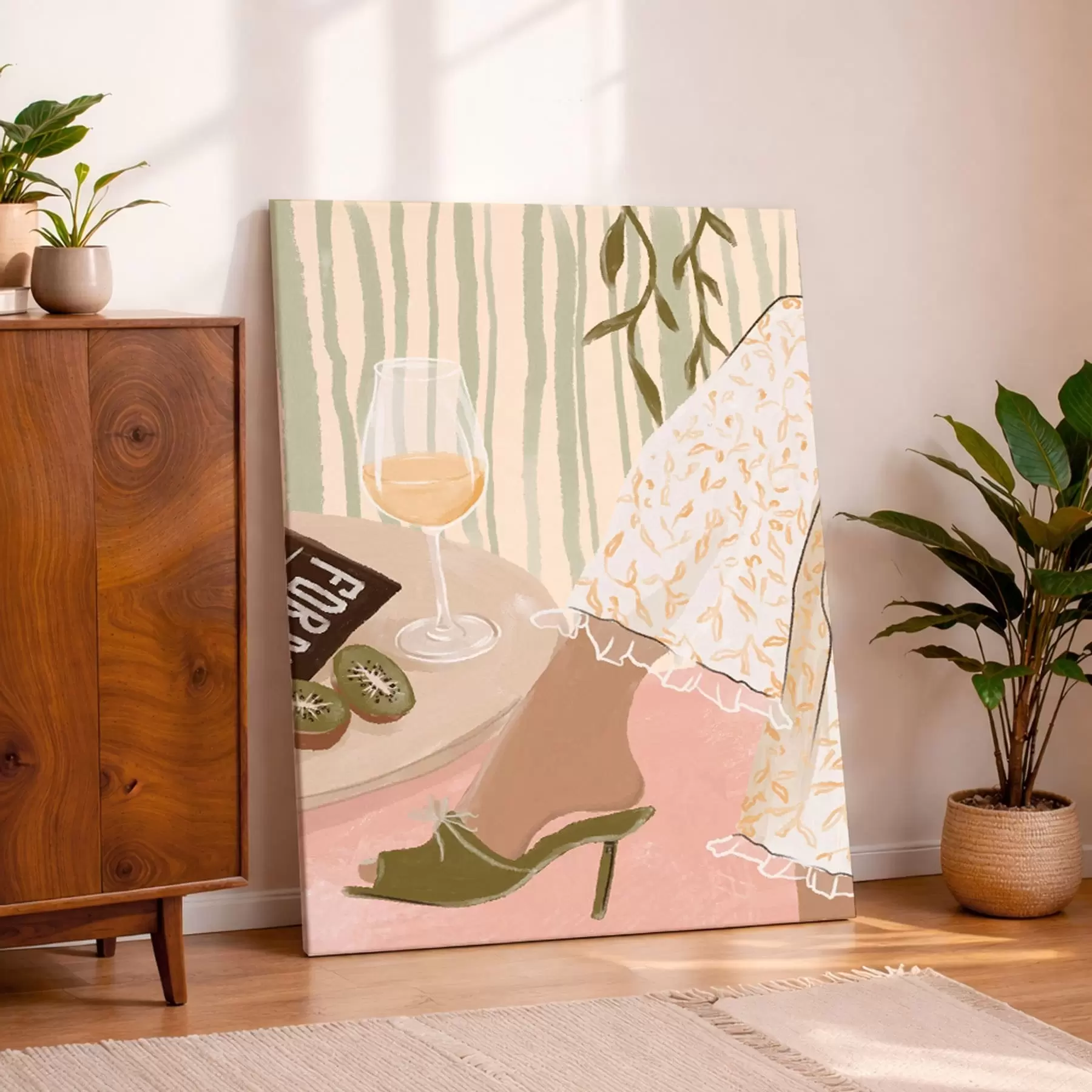 murales Mesa con copa de vino y kiwi junto al vestido s48021