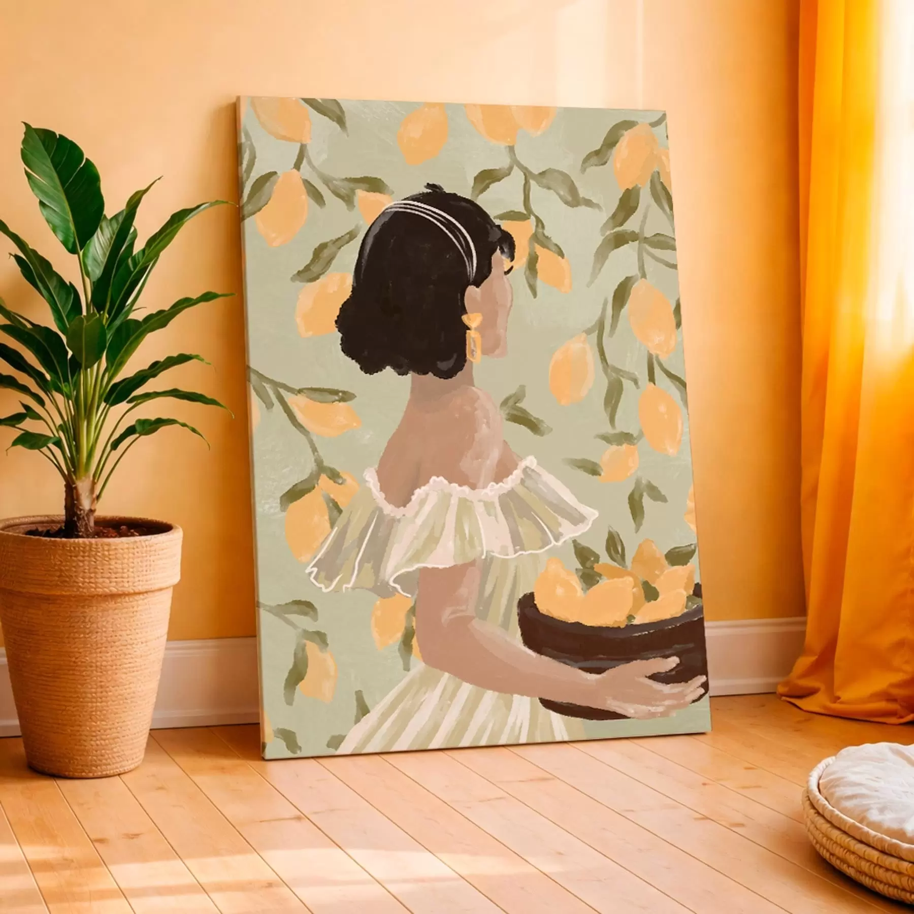 murales Mujer sosteniendo un cuenco con limones por las ramas. s48023