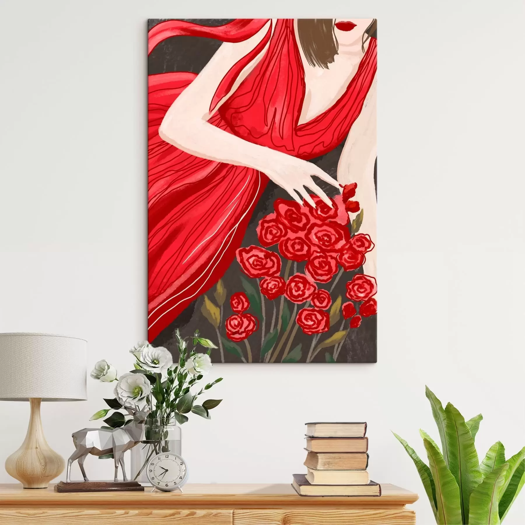 murales Mujer con vestido rojo y ramo de rosas s48026