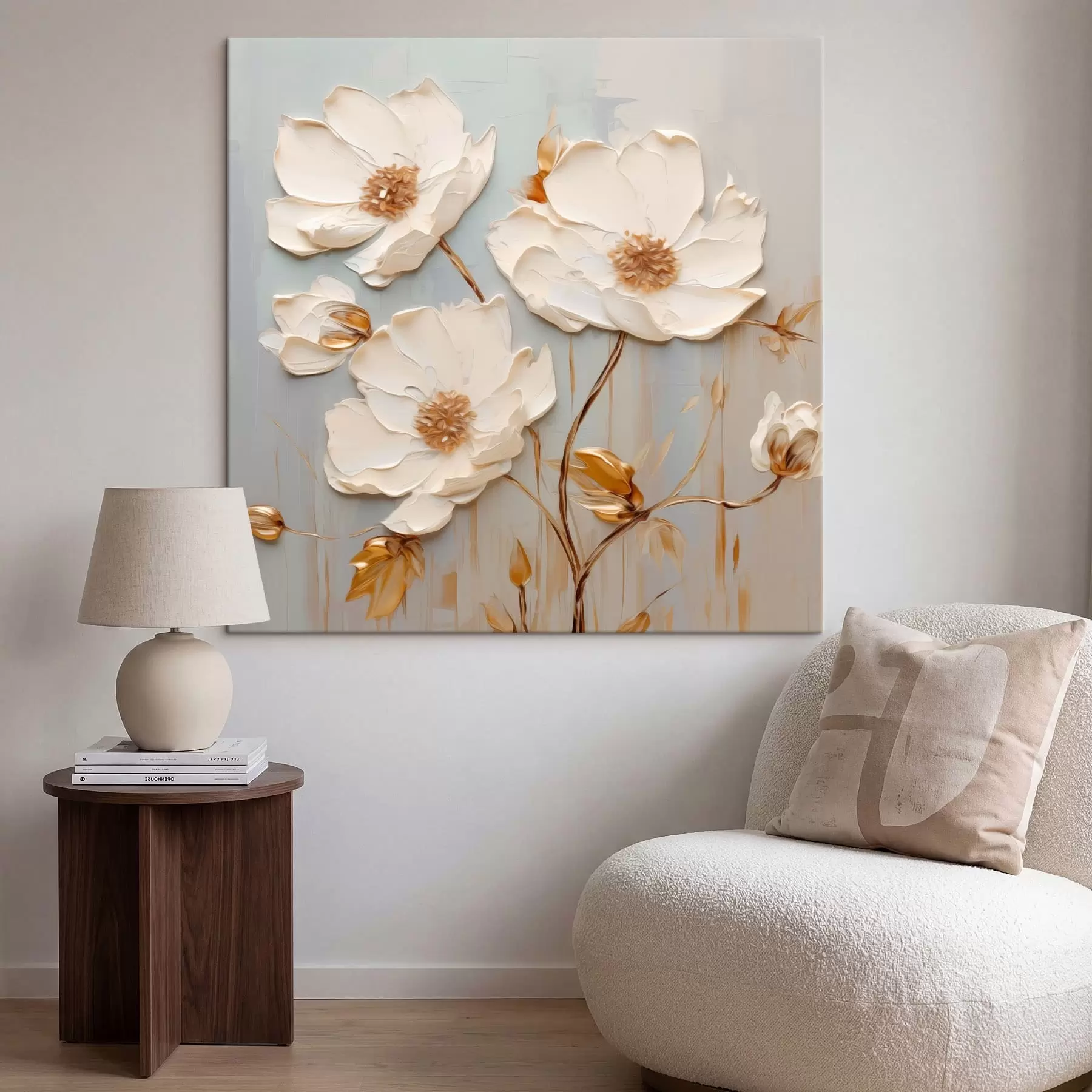 murales Flores blancas en relieve con hojas cálidas s48093