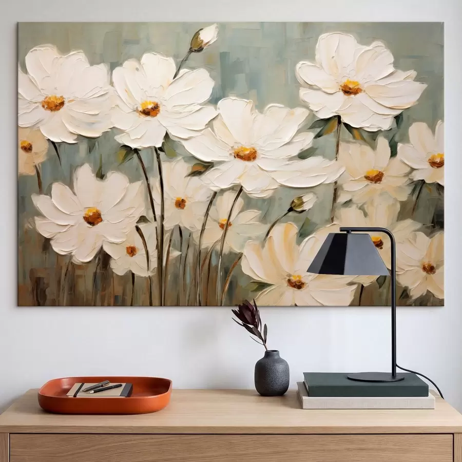 murales Flores blancas sobre fondo texturizado, pinceladas s48094