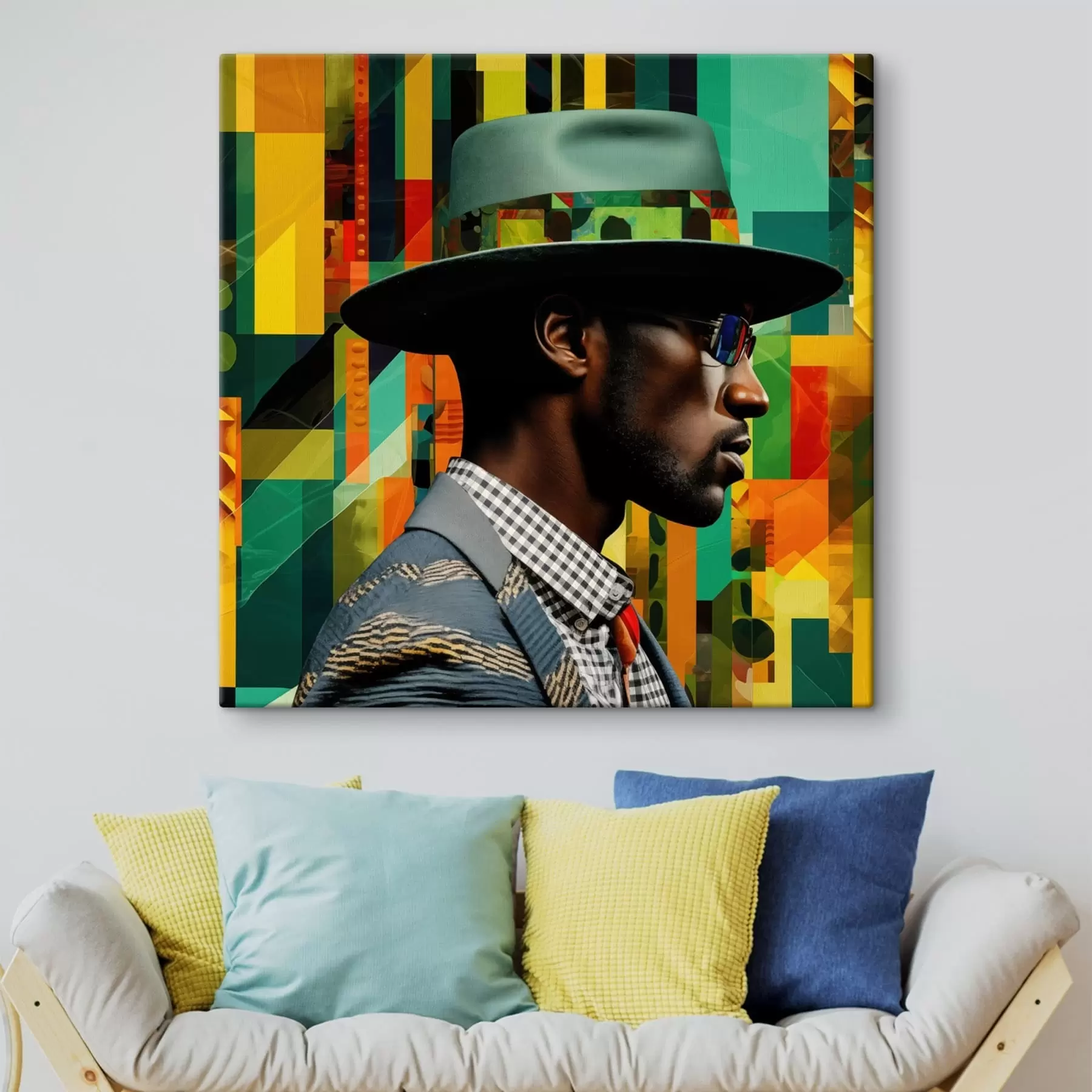 murales Retrato de un hombre con sombrero sobre un fondo vibrante s48100