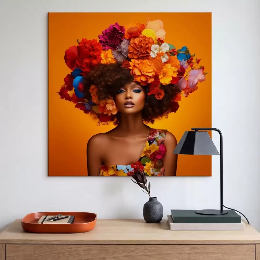 wall murals Woman with floral headpiece on orange background s48102