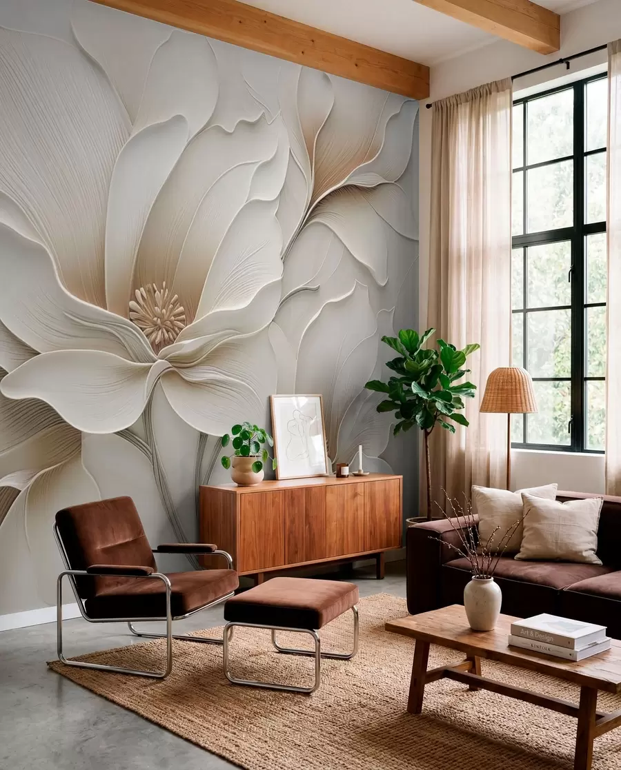Wall Mural Photo Wallpaper Embossed beige flower relief close-up w05269