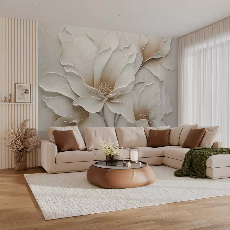 Wall Mural Photo Wallpaper Embossed beige flower relief close-up w05269