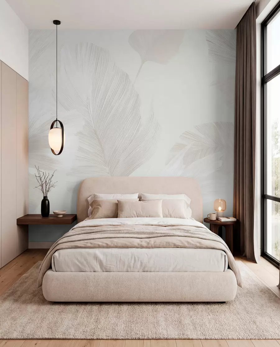 wall murals Soft ivory feathers in milky beige tones w09563