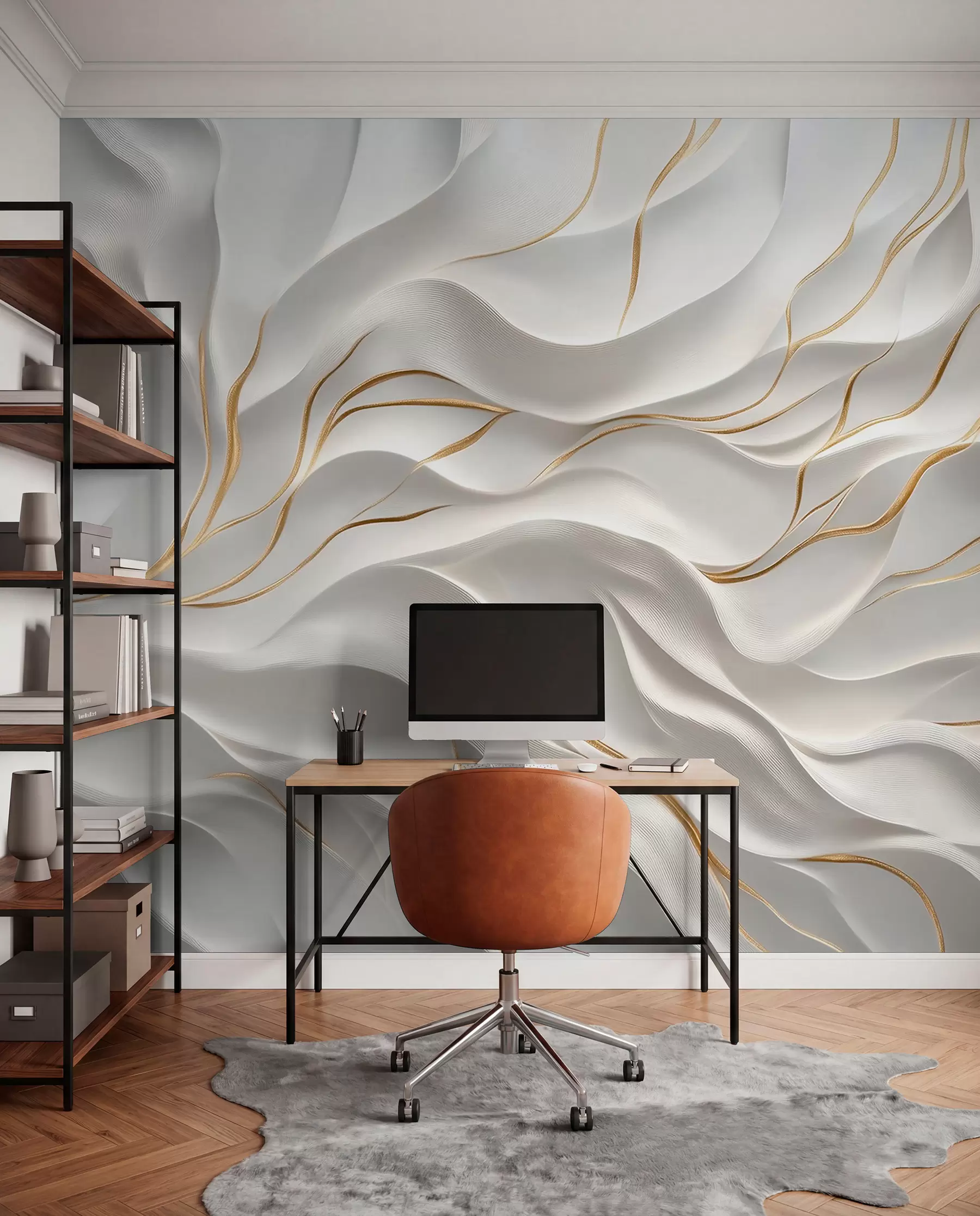 Wall Mural Photo Wallpaper Gray embossed waves with yellow accents w09724