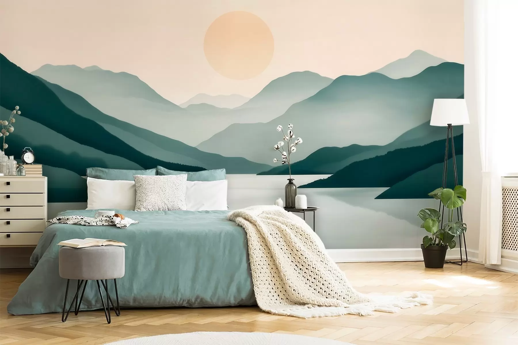 wall murals Quiet mountain landscape with the sun over the lake w09735