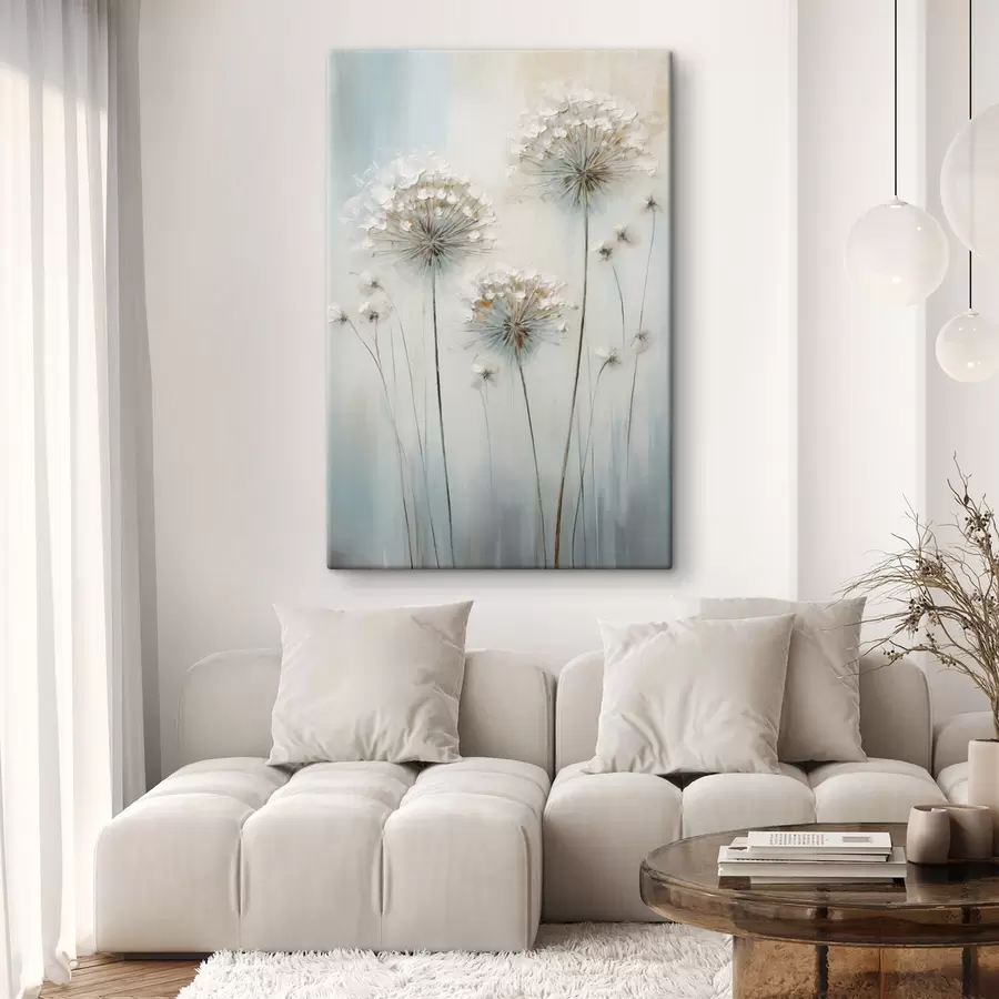 wall murals Textured painting style of dandelions against a soft blue and white background s47855