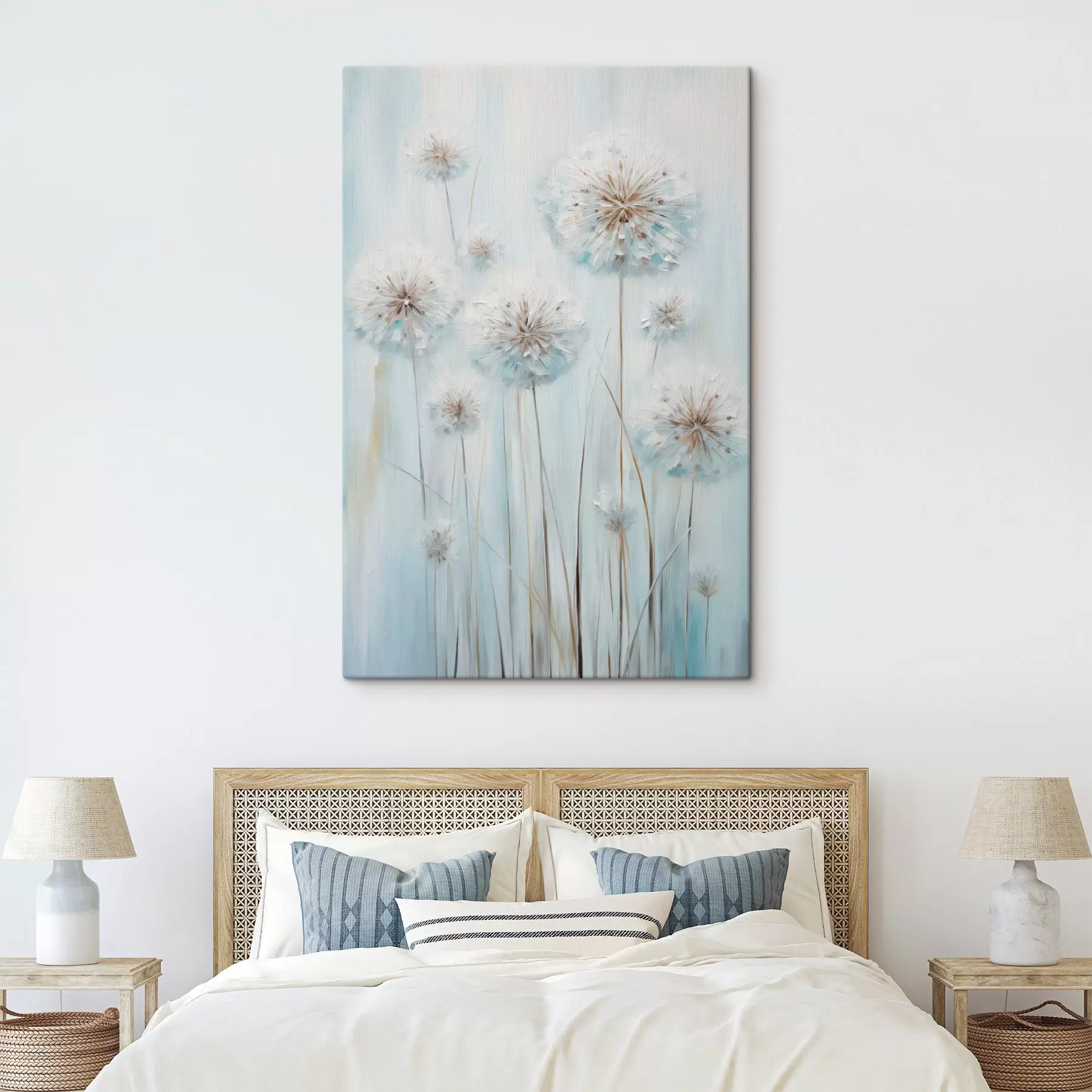 wall murals Textured painting style of dandelions against a soft blue and white background s47856