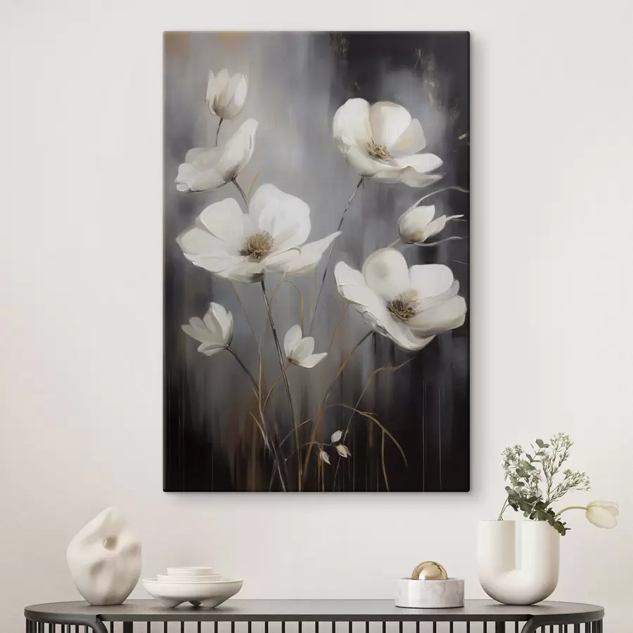 wall murals White flowers with brown centers and thin stems against a dark, textured background s47858