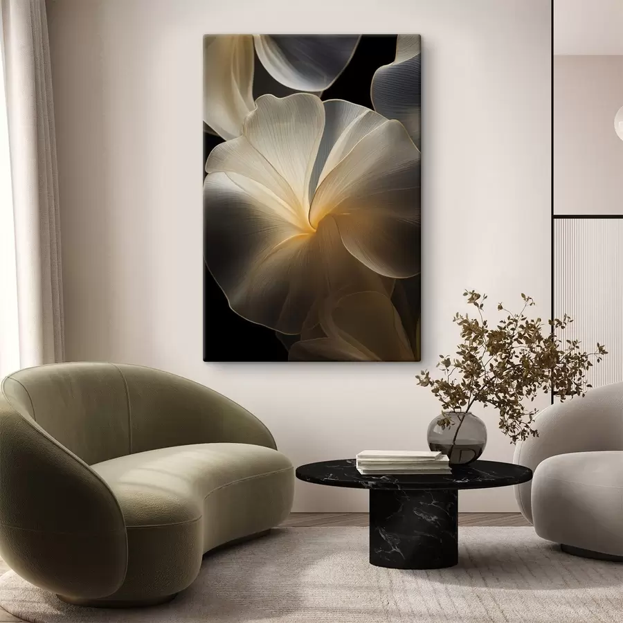 murales Pétalos abstractos fluidos y translúcidos con líneas delicadas, sobre un fondo oscuro. s47860