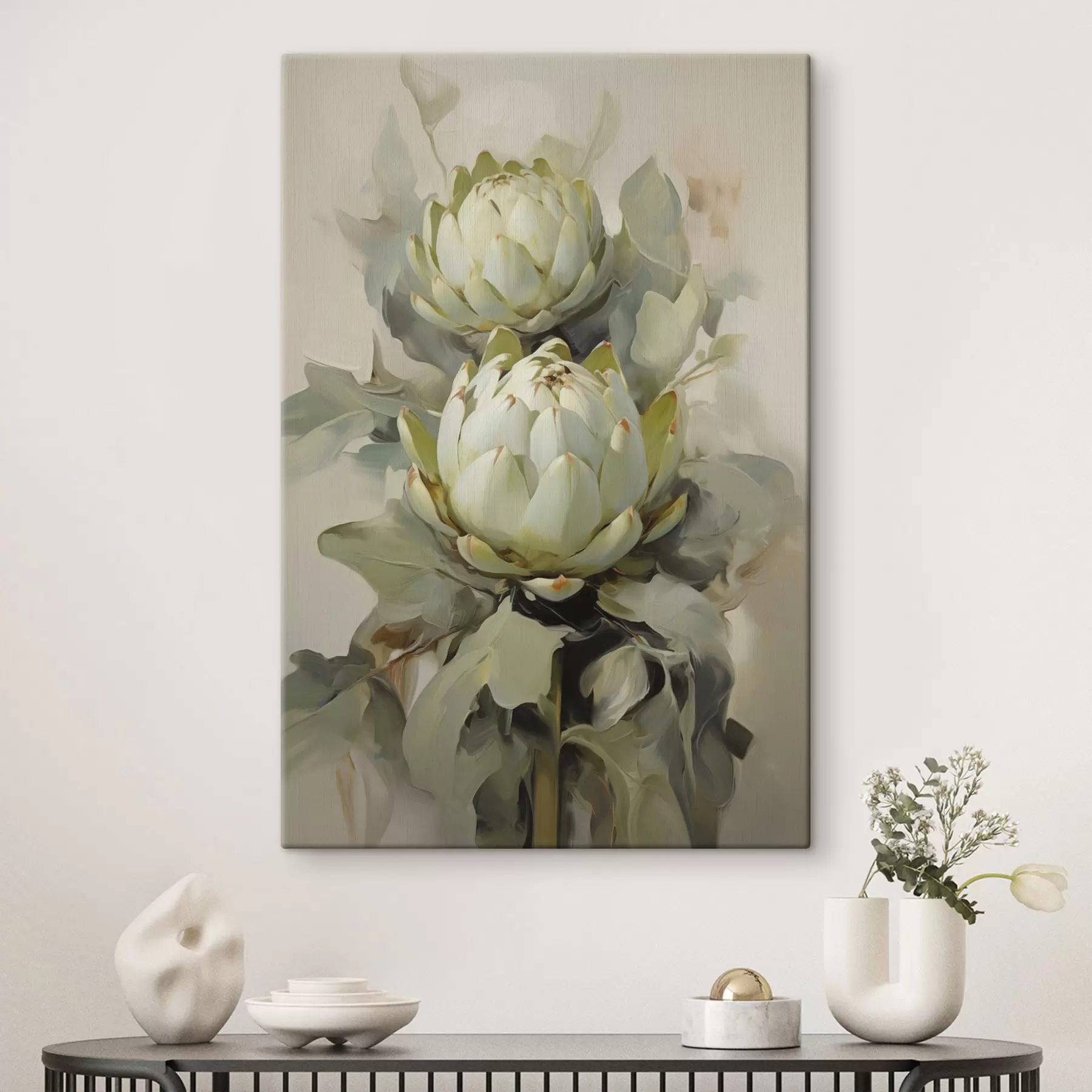 murales Estilo pictórico de varias flores blancas de protea con grandes hojas verdes sobre un fondo claro. s47862