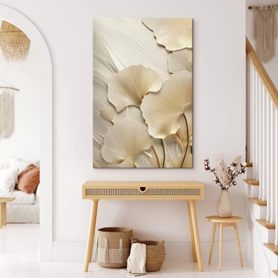 murales Hojas abstractas de ginkgo sobre un fondo ligero y texturizado, composición elegante y abstracta. s47867