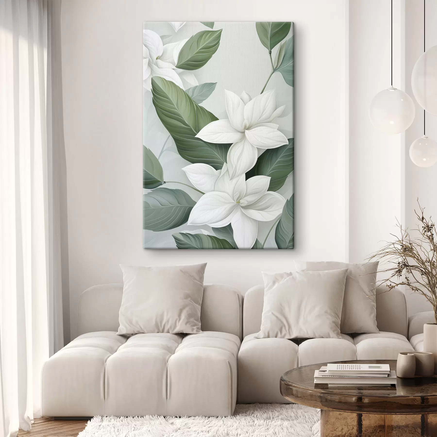 murales Flores blancas con hojas verdes, fondo pastel s47869