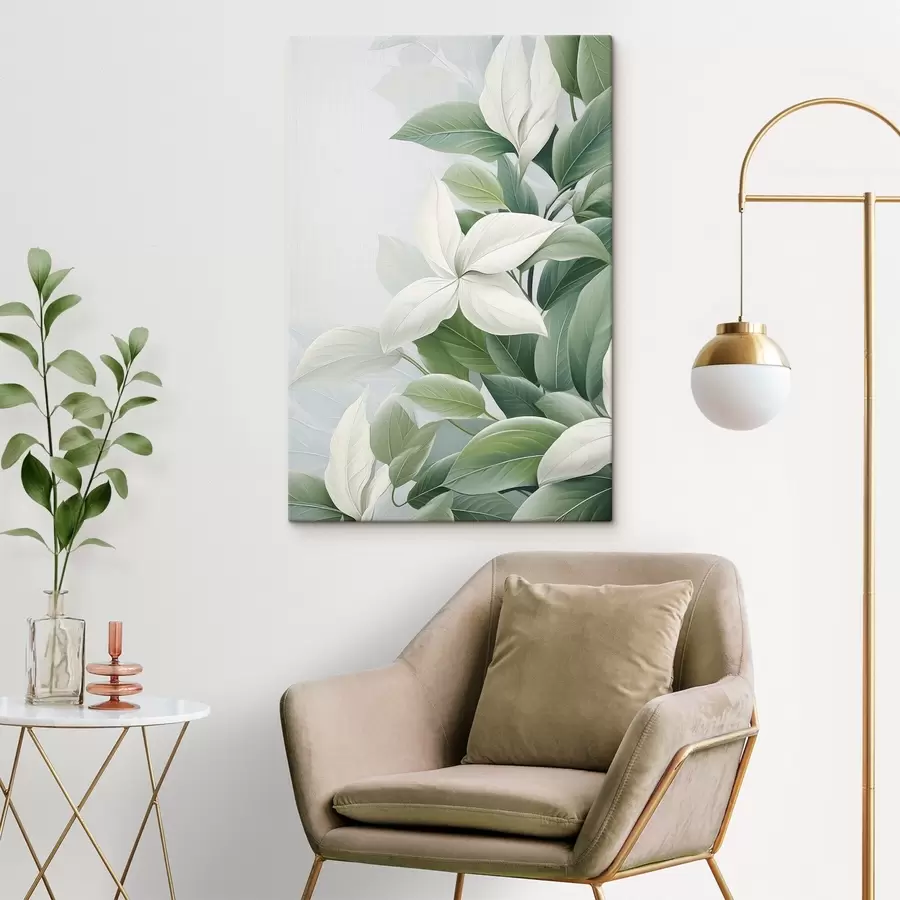 murales Flores blancas con hojas verdes, fondo pastel s47870