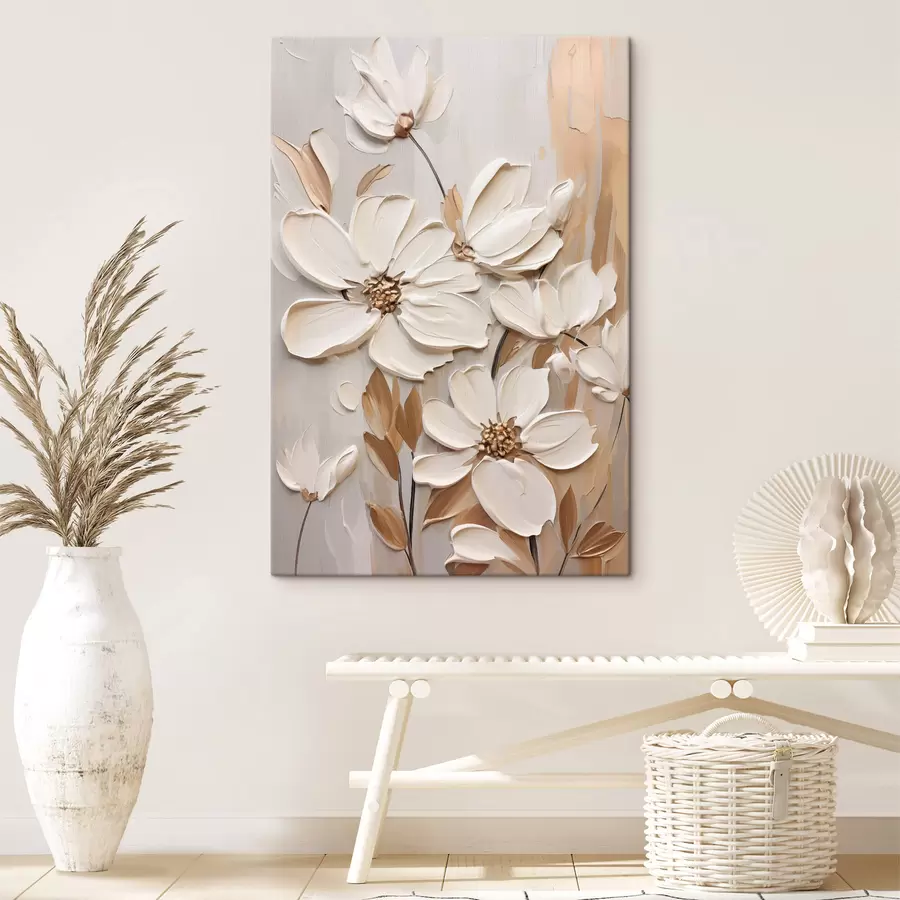 wall murals Abstract white flowers with textured petals, against a neutral, background with subtle brushstrokes imitation s47873