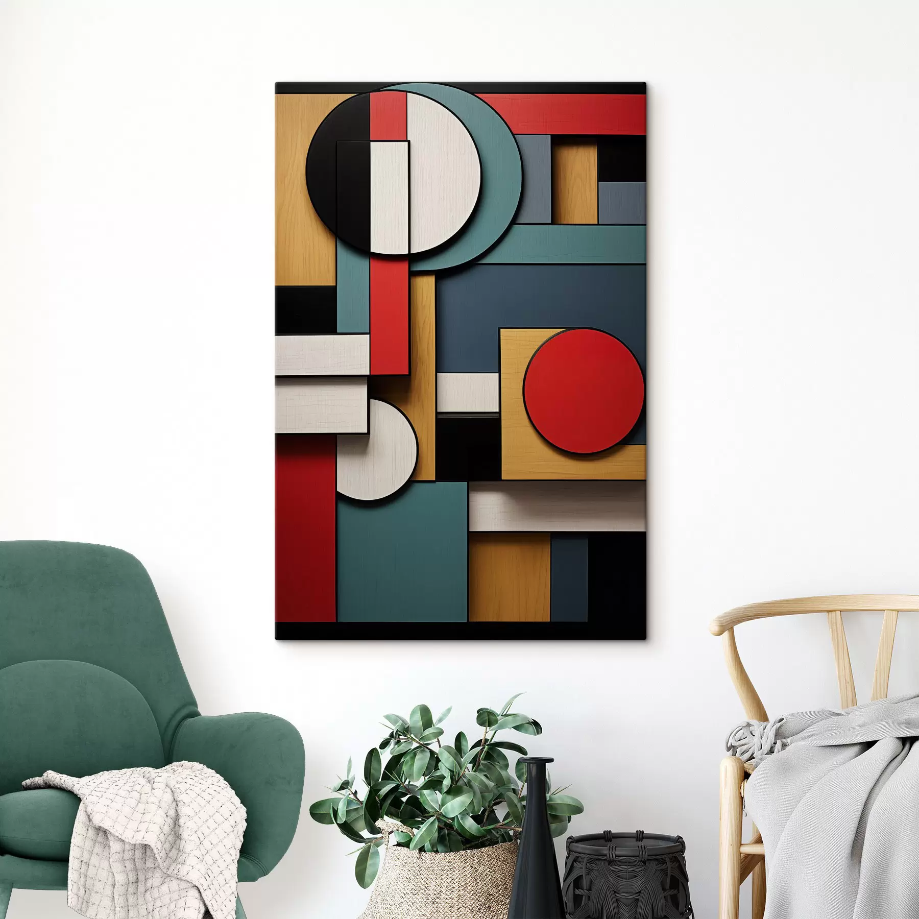 wall murals Abstract geometric composition with wood texture imitation, red, black, white and teal rectangles and circles s47875