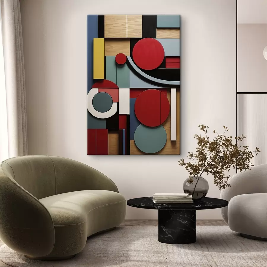 murales Composición geométrica abstracta con imitación de textura de madera, rectángulos y círculos rojos, negros, blancos y verde azulado. s47876