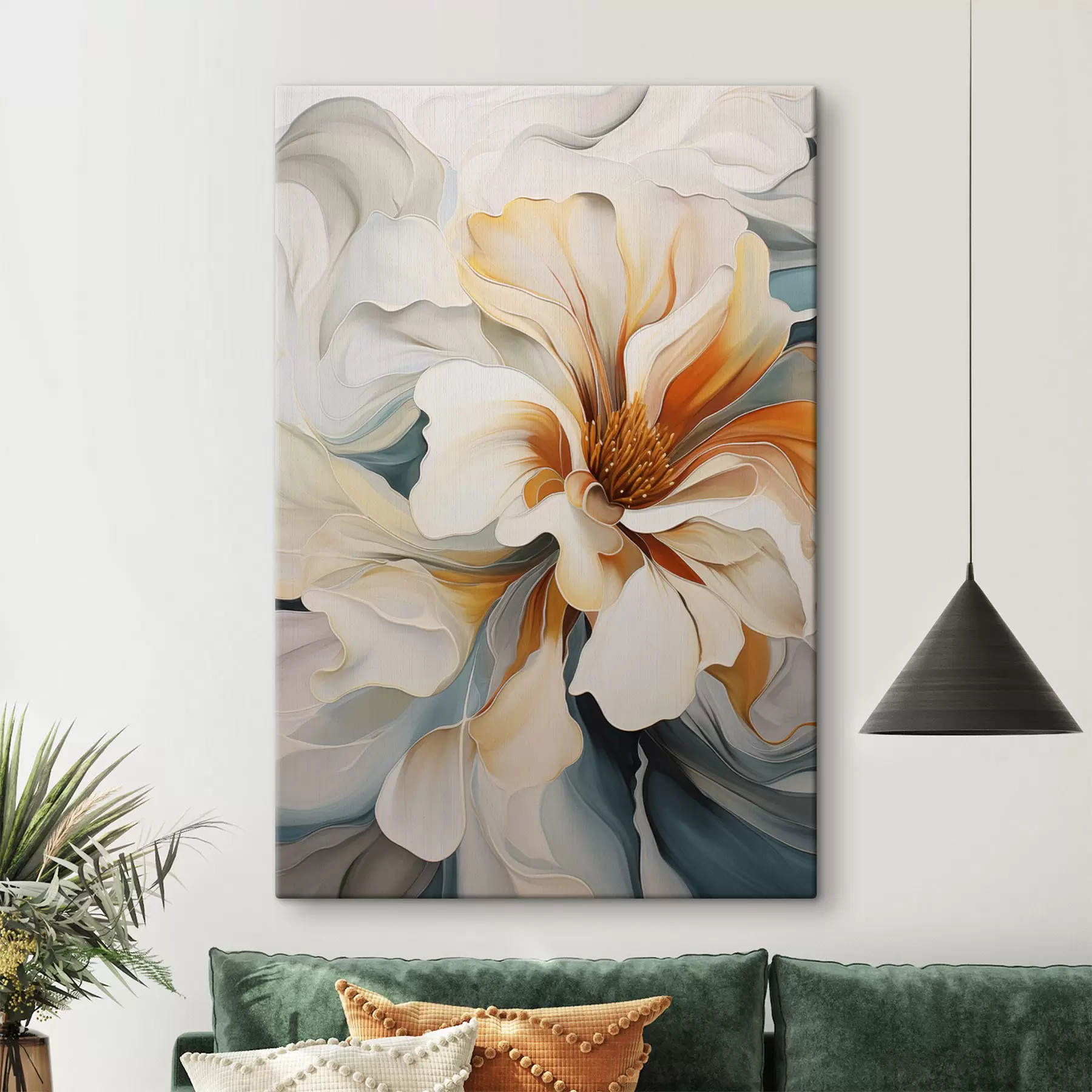 wall murals Abstract large flower with white, orange and teal petals, textured background s47877