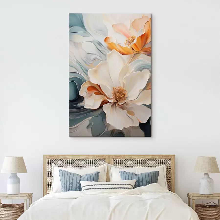 murales Flor abstracta grande con pétalos blancos, naranjas y verde azulado, fondo texturizado. s47878