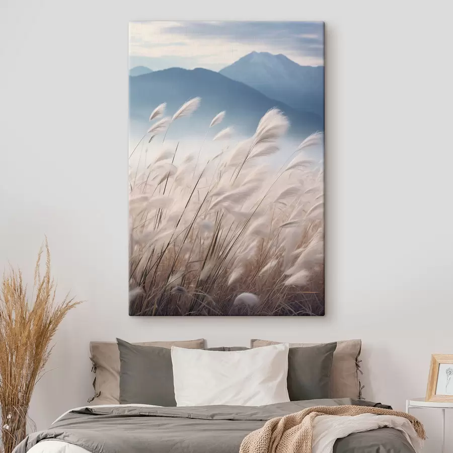 wall murals Tall, white pampas grass blowing in the wind with soft blue mountains in the background s47879